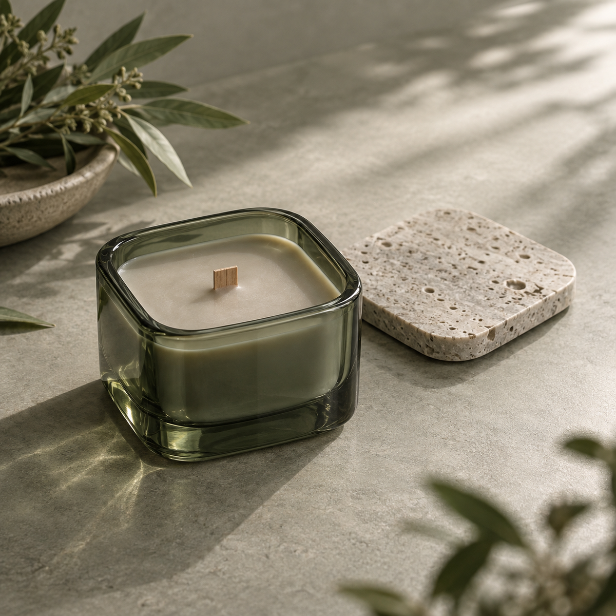 Mossvale Glass Candle in a complete studio view