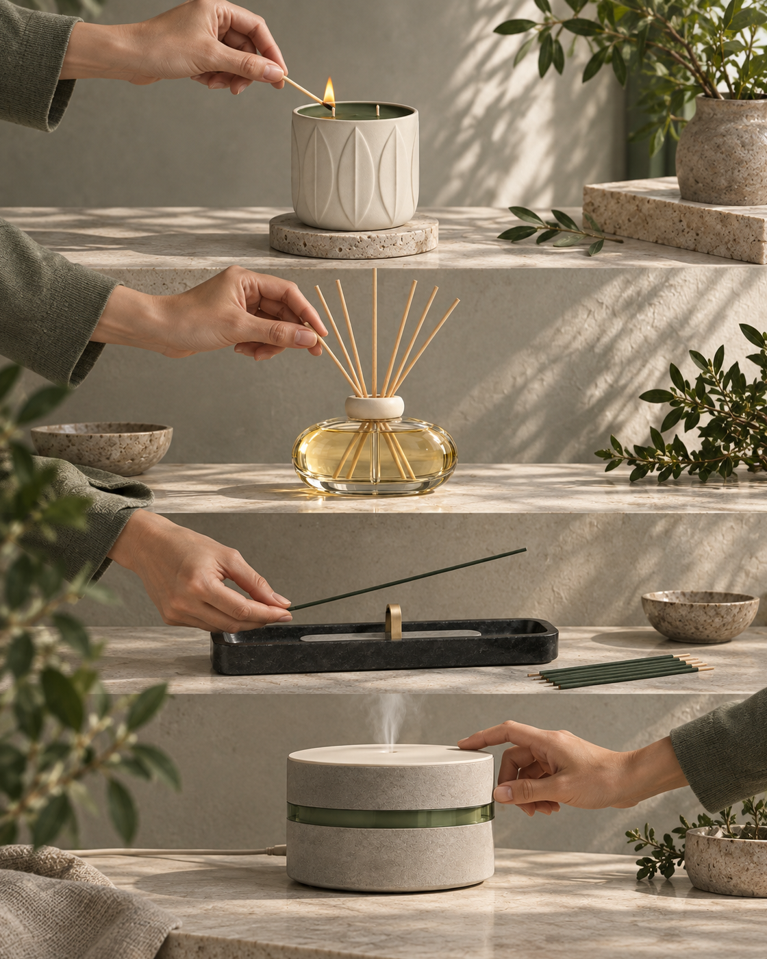 Pressed botanical forms beside an Elawren scent object