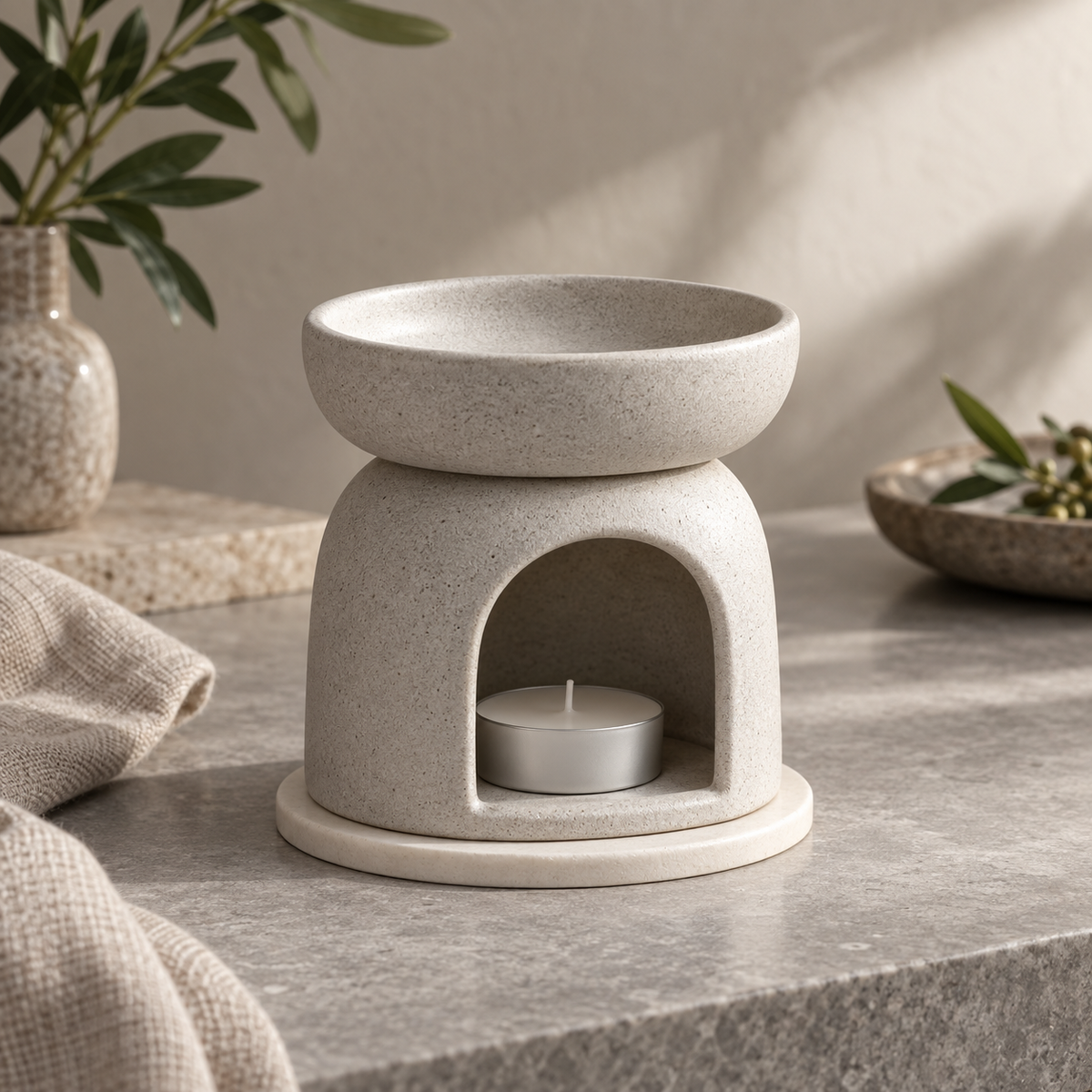 Elara Stone Oil Warmer in a complete studio view