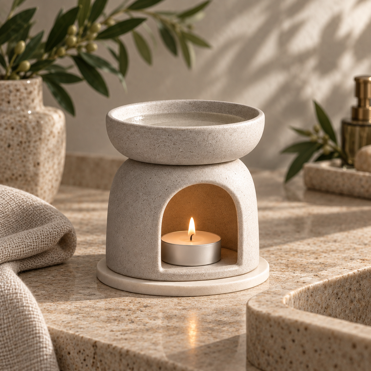 Elara Stone Oil Warmer in a quiet interior setting