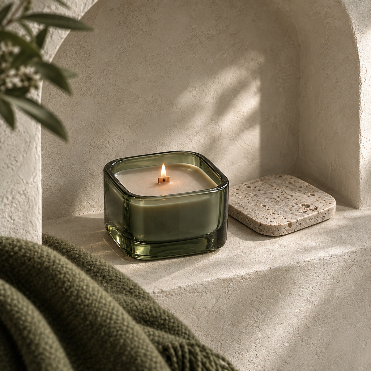 Mossvale Glass Candle in a quiet interior setting