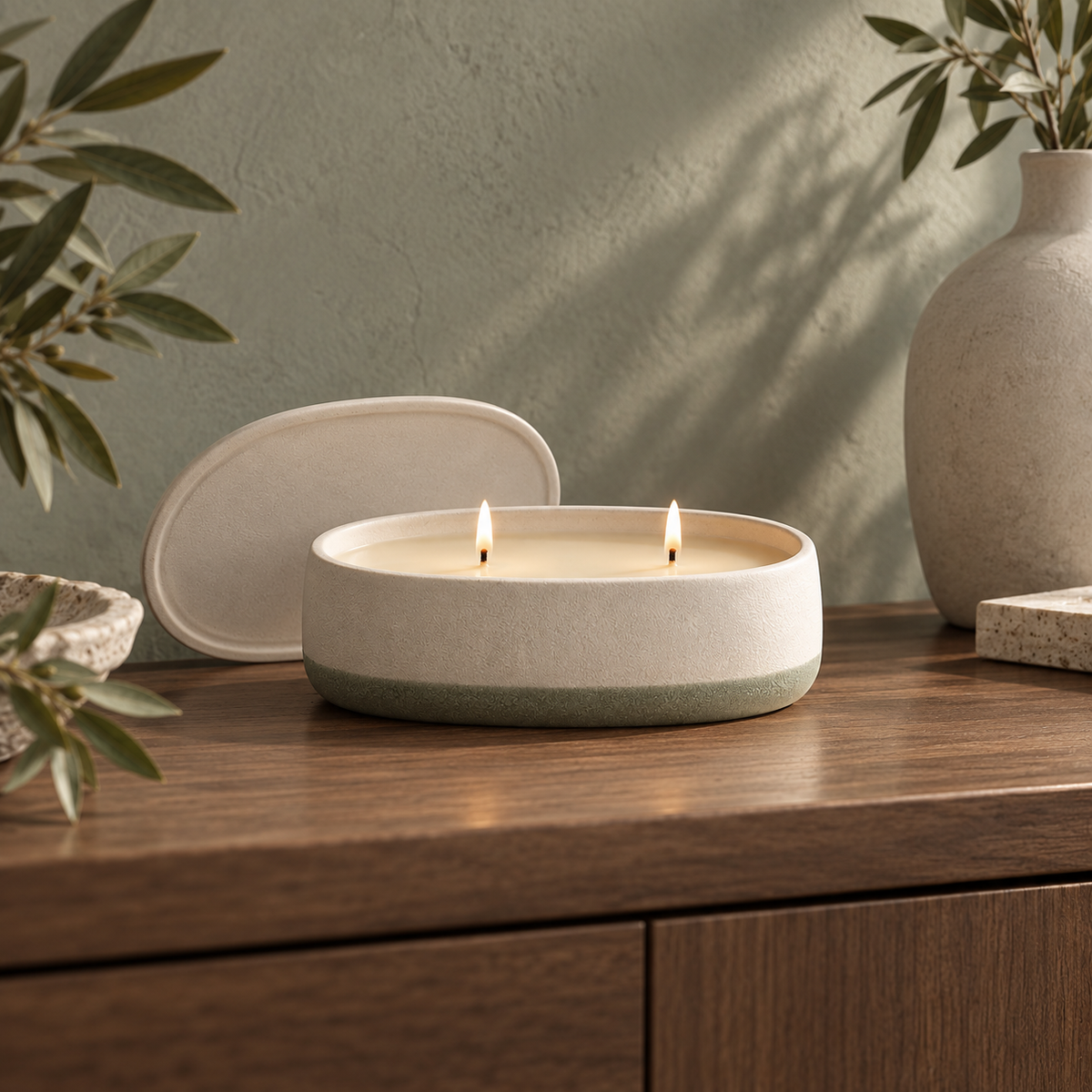 Pale Grove Double-Wick Candle in a quiet interior setting