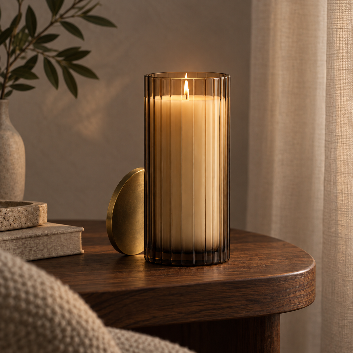 Serein Ribbed Candle in a quiet interior setting